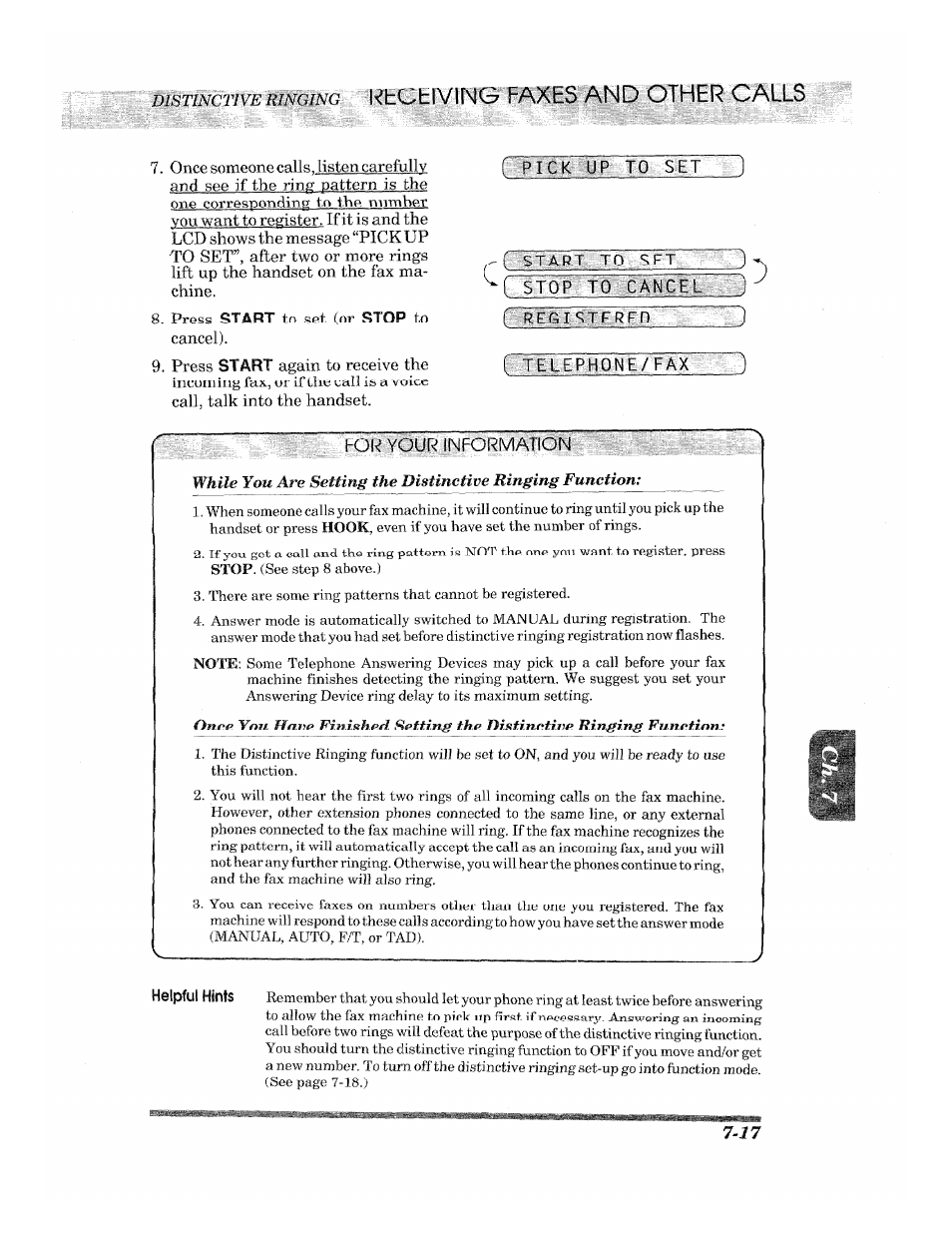 Fto set, 5toptq, R r?fnstf~rfp | Rvretephone/fkx 1, For^0urdnformation^:i, Dlstinctivewnging.^ kecjeiving p | Brother 2500ML User Manual | Page 89 / 132