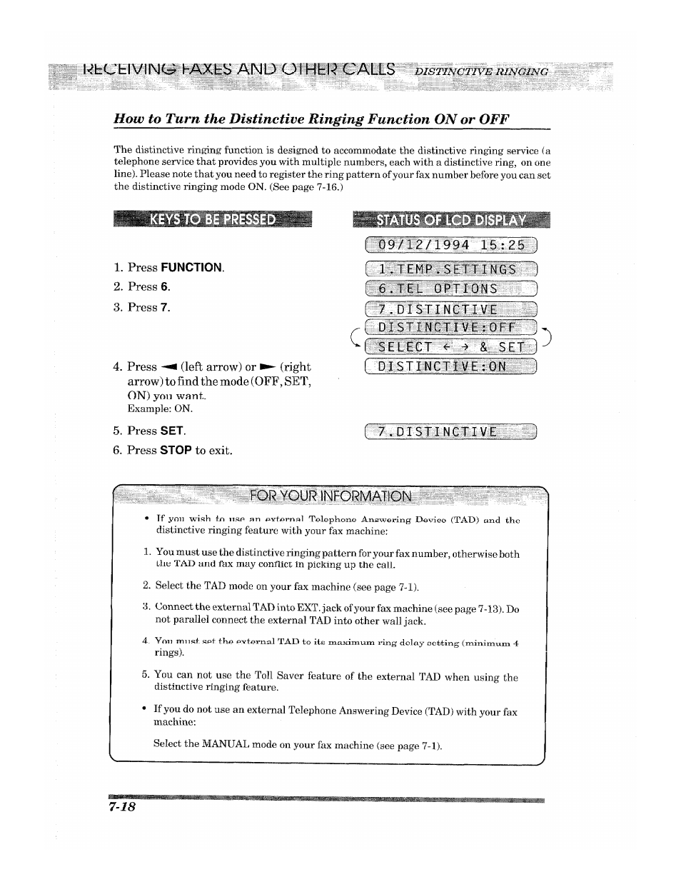 Keys to be pressed, Press function, Press 6 | Press 7, Press set, Press stop to exit, 09/12/1994 15,jgyj ( lyrem p . sttti;h6, Orstlnctiveion, I /ipistinctiy, Boiyourinforn«otion.rfi | Brother 2500ML User Manual | Page 90 / 132