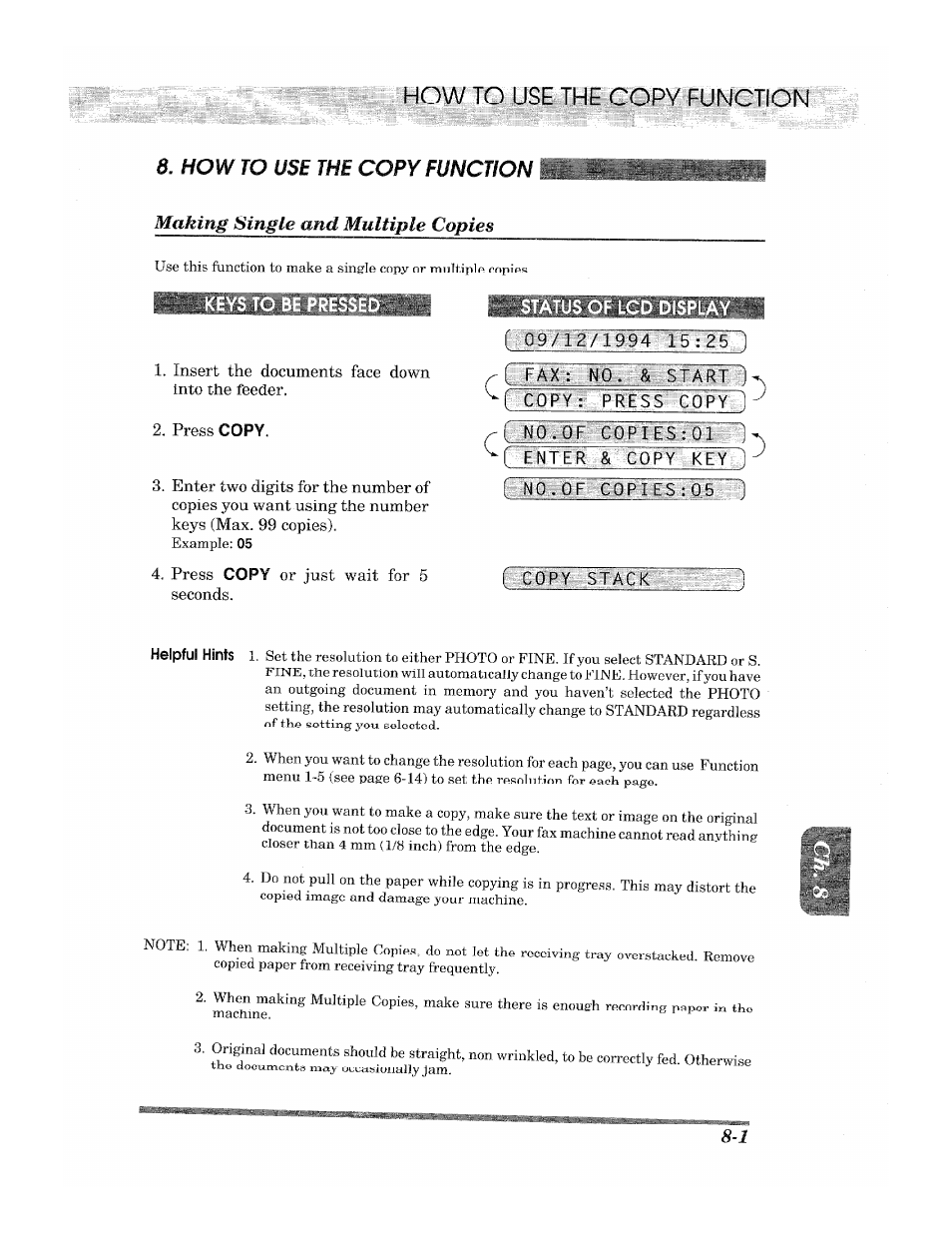 Insert the documents face down into the feeder, Press copy, 4, press copy or just wait for 5 seconds | Status of lcd display, 1 ag4j 15, Fa m № ■ & ig ta rt ), P norof corl esttql i, Mvpn::::m.giysrtts::; /1, Cpby:' stack: f | Brother 2500ML User Manual | Page 91 / 132