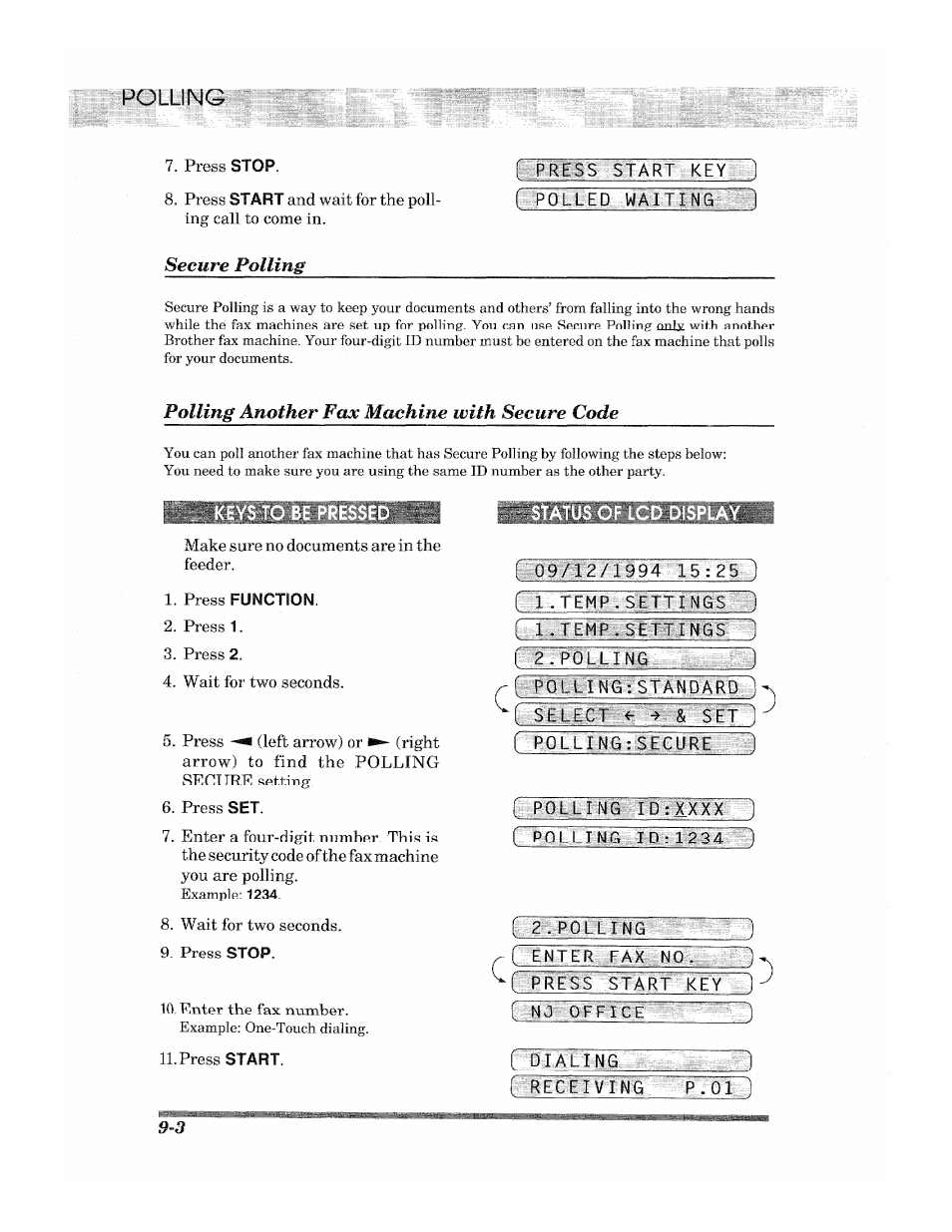 Press stop, Prfss star i kep~d („polled, Press function | 1 ■ fhmp■settings ), 2 . polling, Li ndrvstanda rwj ( selfci ^ & set | Brother 2500ML User Manual | Page 96 / 132