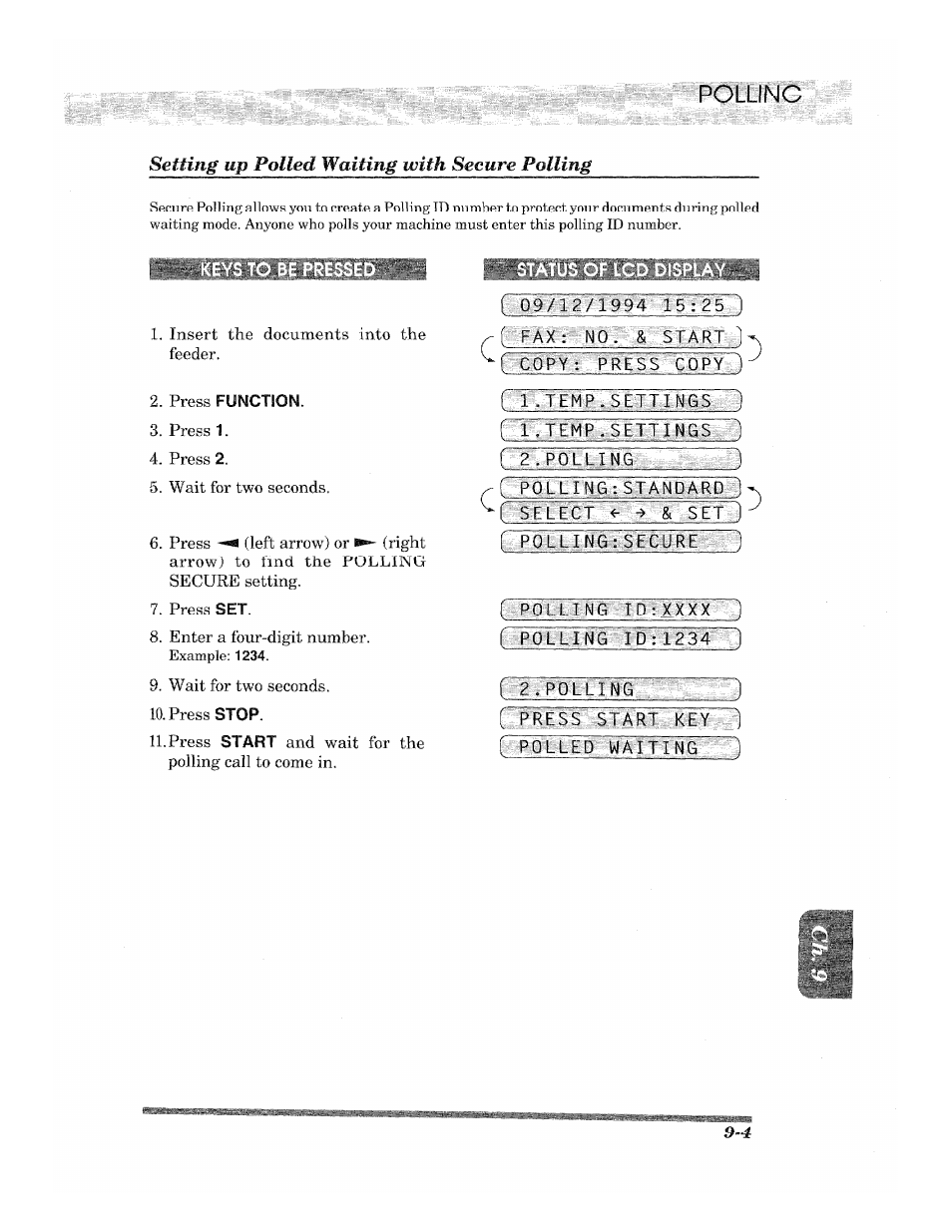 Press function, Status of lcd display, I 2. polling | Brother 2500ML User Manual | Page 97 / 132