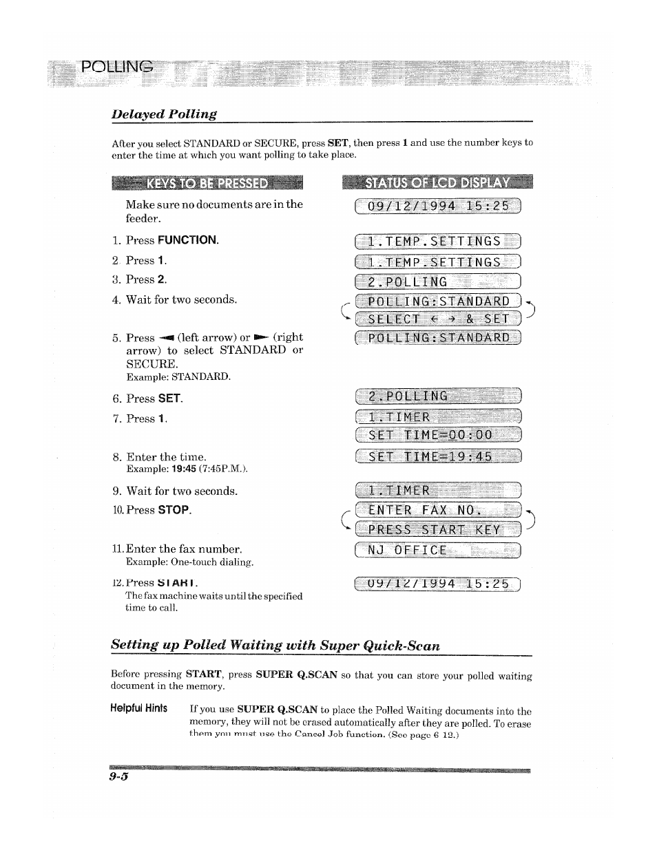 Press function, Status of lcd display, Rr . t e m ptse t t i n g u~1 si .temptsettings u | Fu.. roilllg, 09/1,2/19^ lb : 25 ~), V ftlrss l, W:rt, Polling, Isit | Brother 2500ML User Manual | Page 98 / 132