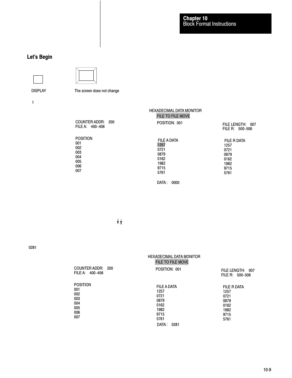 10ć9, Block format instructions chapter 10, Let's begin | Rockwell Automation 1772-LV Mini-PLC - 2/15 Programmable Controller (Series B) Programming and Operations User Manual | Page 131 / 215