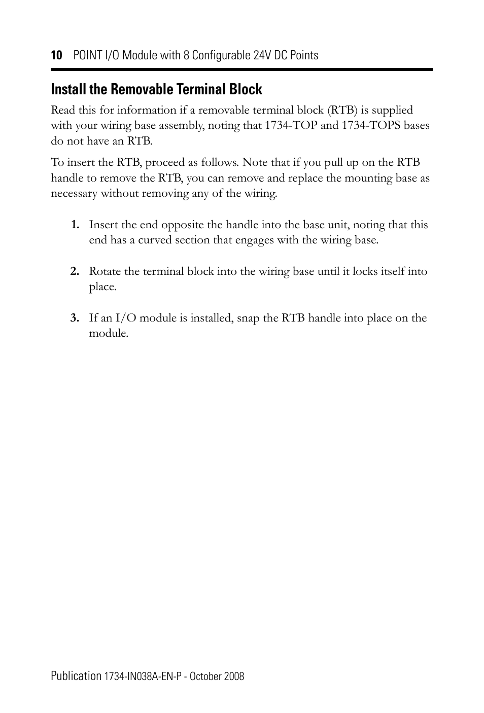 Install the removable terminal block | Rockwell Automation 1734-8CFG POINT I/O Module with 8 Configurable 24V DC Points IN User Manual | Page 10 / 24