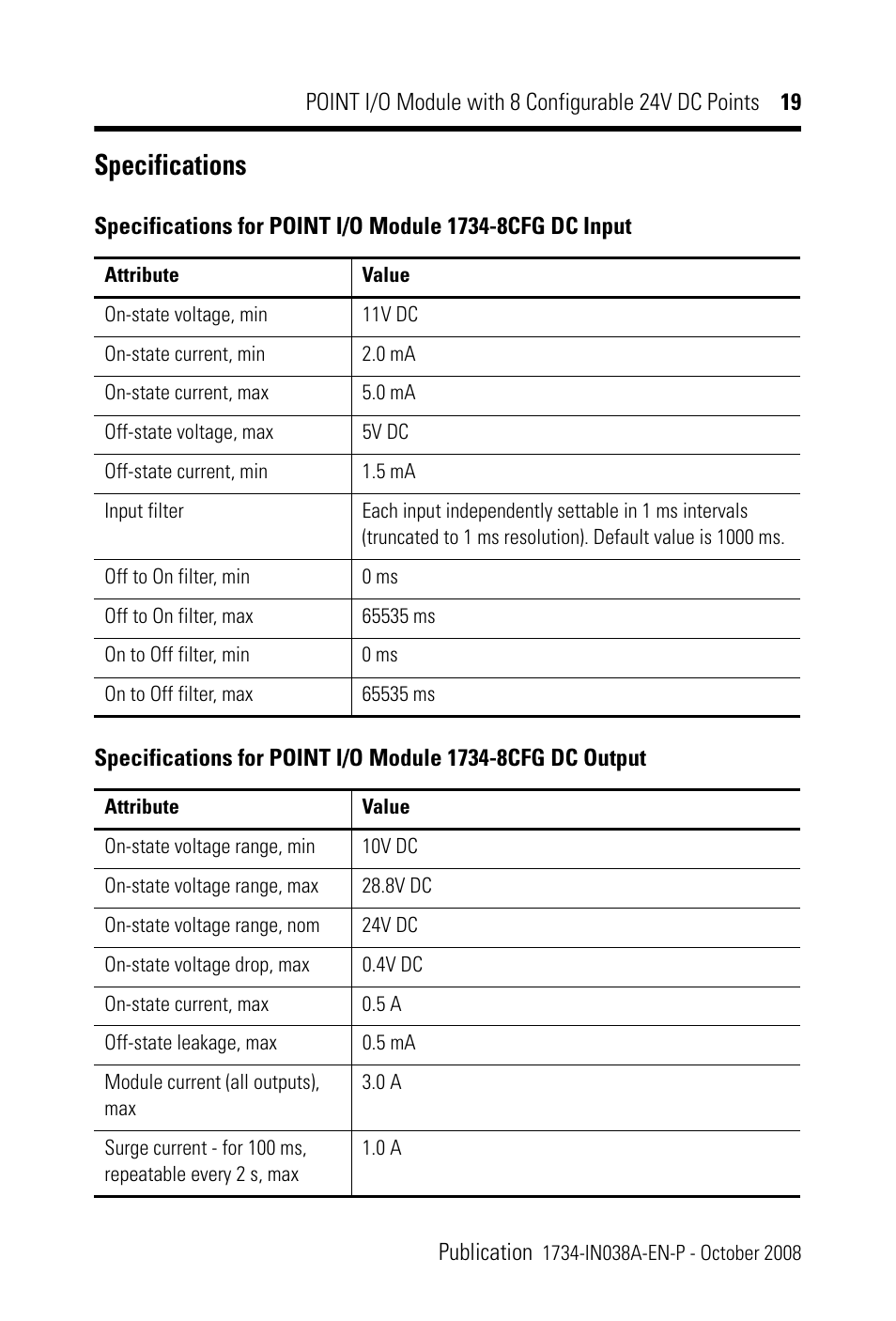 Specifications | Rockwell Automation 1734-8CFG POINT I/O Module with 8 Configurable 24V DC Points IN User Manual | Page 19 / 24