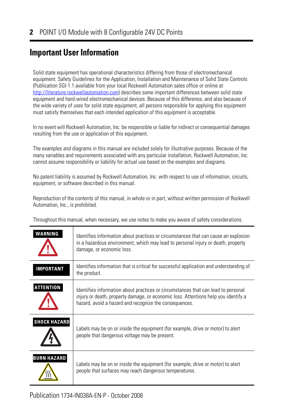 Important user information | Rockwell Automation 1734-8CFG POINT I/O Module with 8 Configurable 24V DC Points IN User Manual | Page 2 / 24