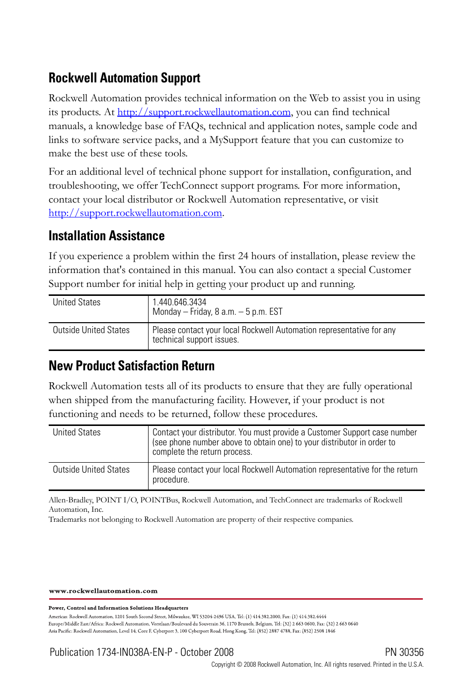 Back cover, Rockwell automation support, Installation assistance | New product satisfaction return | Rockwell Automation 1734-8CFG POINT I/O Module with 8 Configurable 24V DC Points IN User Manual | Page 24 / 24
