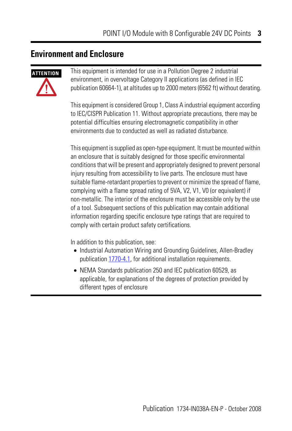 Environment and enclosure | Rockwell Automation 1734-8CFG POINT I/O Module with 8 Configurable 24V DC Points IN User Manual | Page 3 / 24