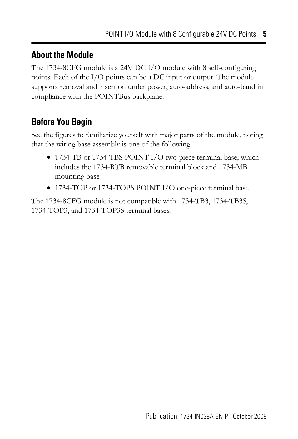 About the module, Before you begin | Rockwell Automation 1734-8CFG POINT I/O Module with 8 Configurable 24V DC Points IN User Manual | Page 5 / 24