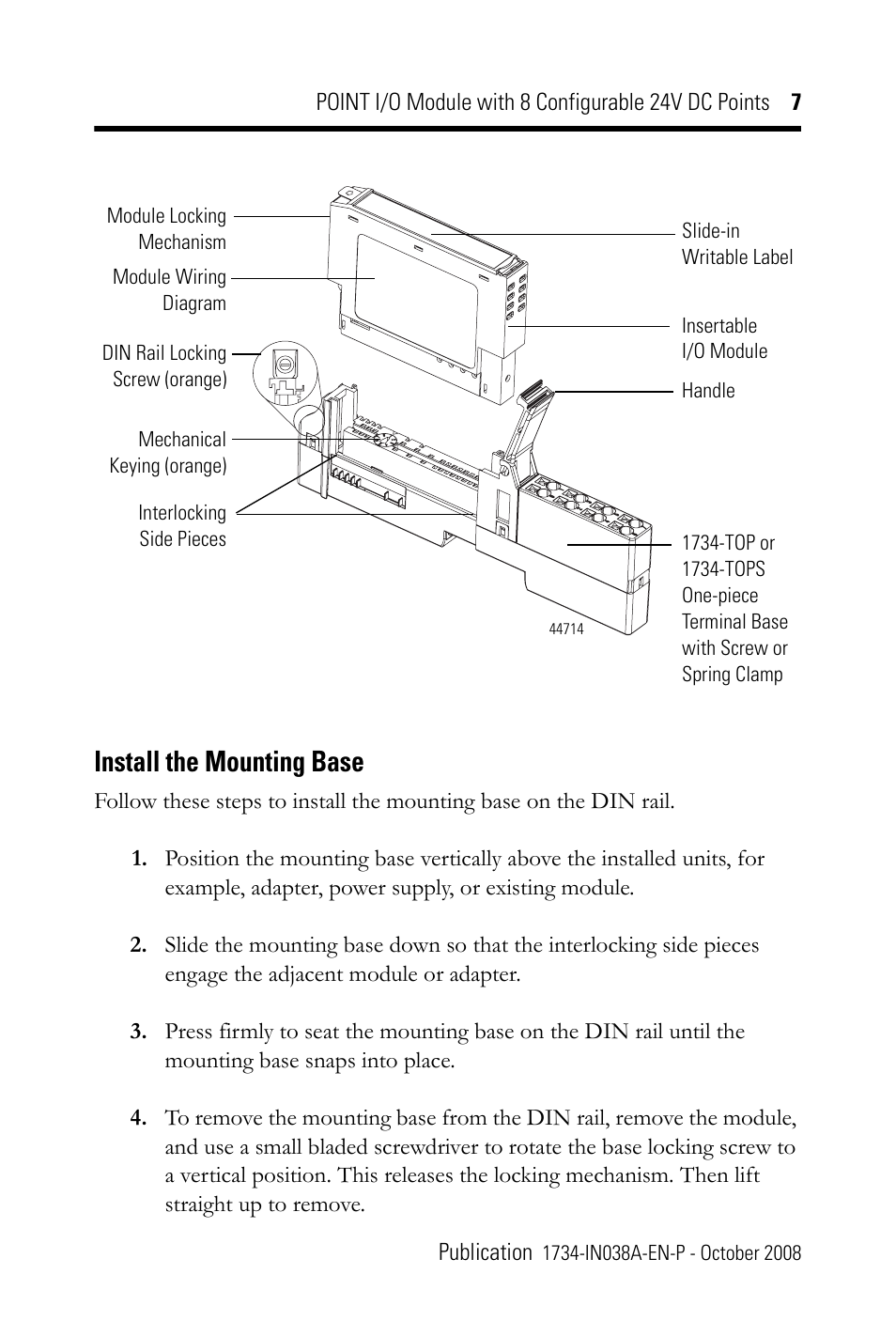 Install the mounting base | Rockwell Automation 1734-8CFG POINT I/O Module with 8 Configurable 24V DC Points IN User Manual | Page 7 / 24