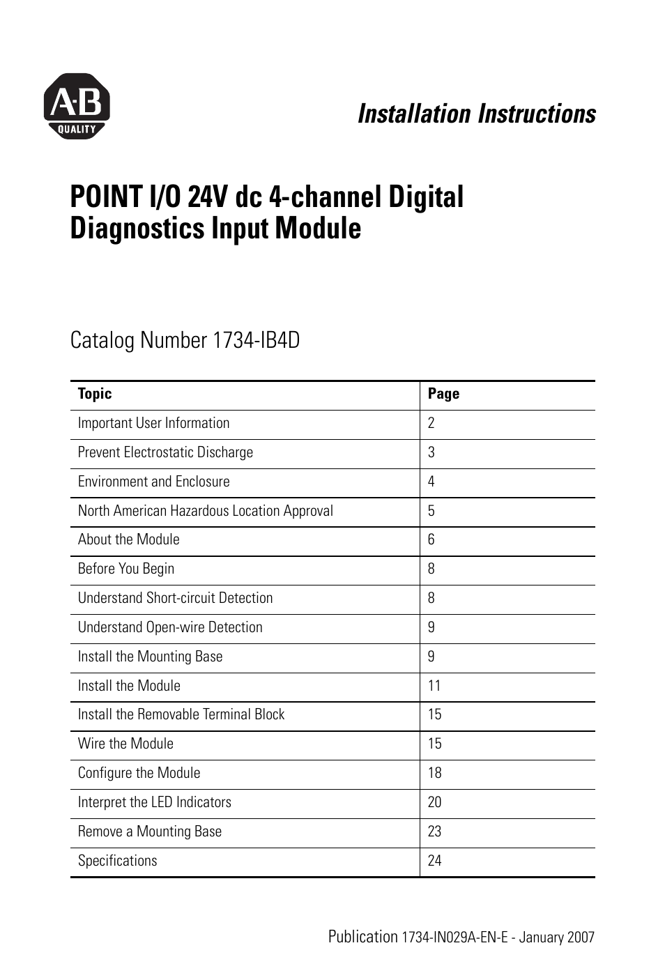 Rockwell Automation 1734-IB4D POINT I/O 24V dc 4-Channel Discrete Input Module Installation Instructions User Manual | 28 pages