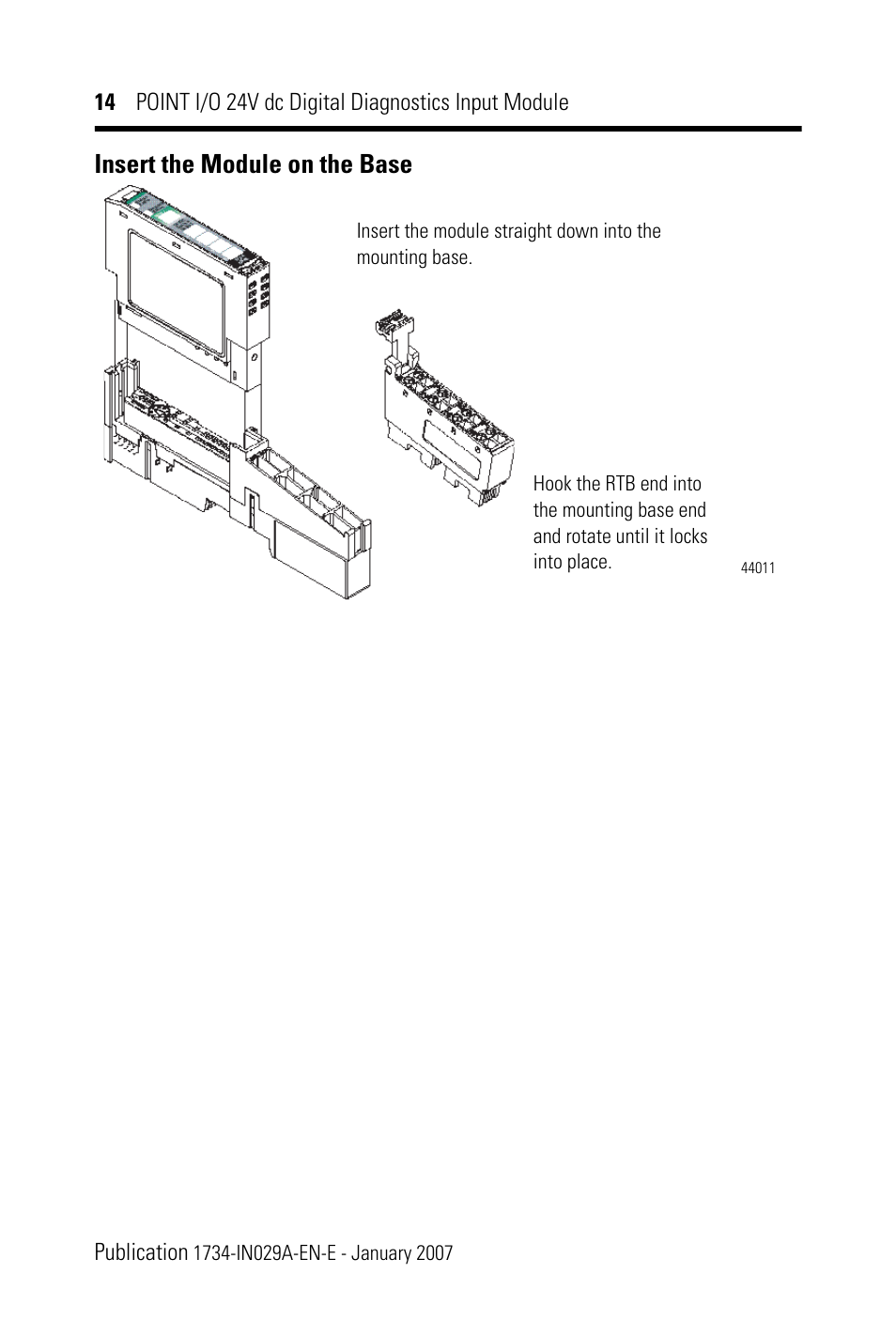 Insert the module on the base | Rockwell Automation 1734-IB4D POINT I/O 24V dc 4-Channel Discrete Input Module Installation Instructions User Manual | Page 14 / 28