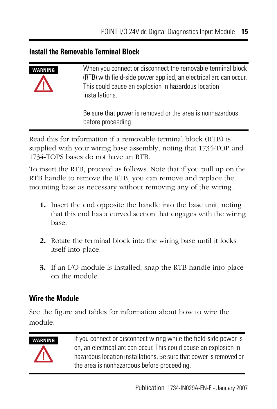 Install the removable terminal block, Wire the module | Rockwell Automation 1734-IB4D POINT I/O 24V dc 4-Channel Discrete Input Module Installation Instructions User Manual | Page 15 / 28