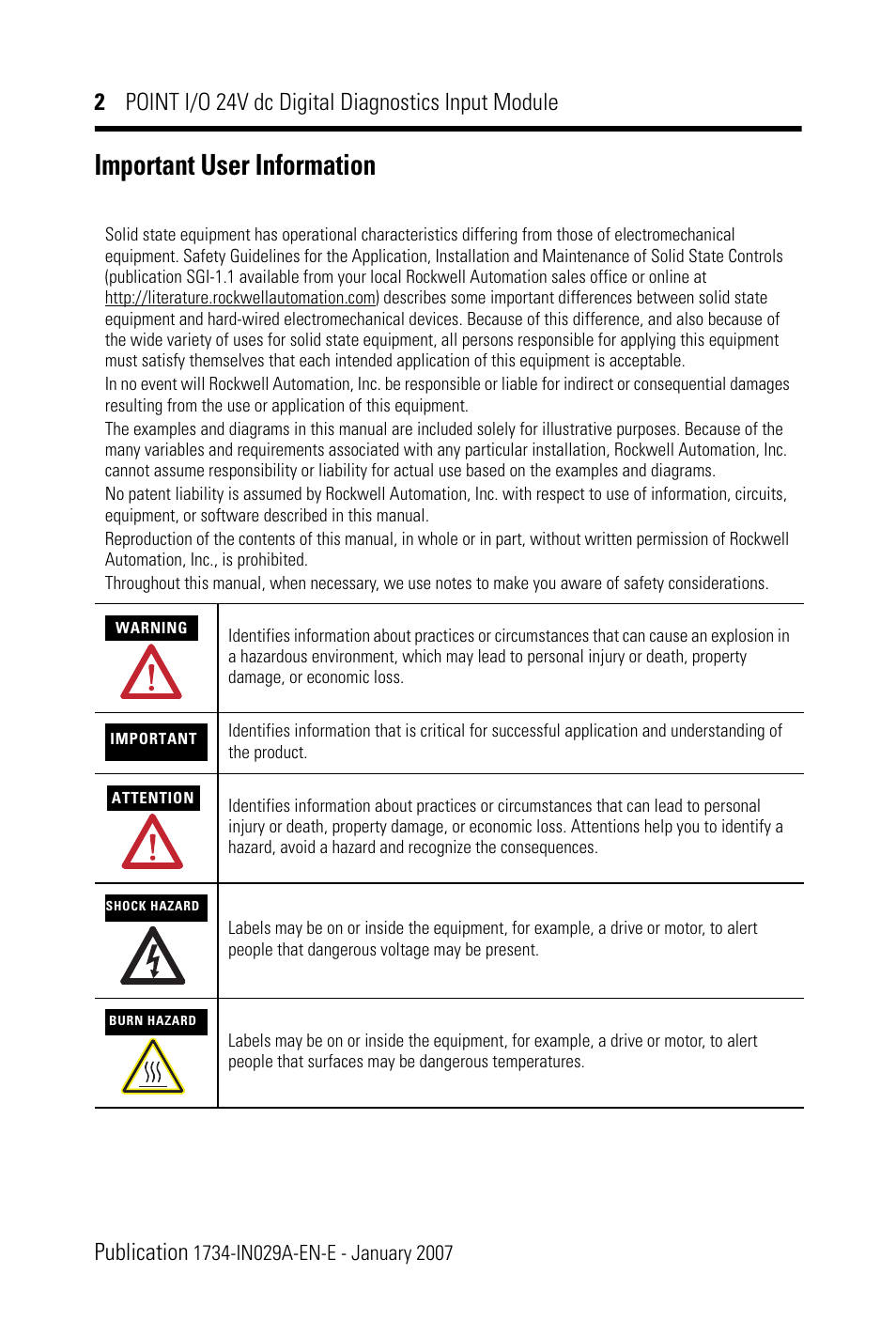 Important user information | Rockwell Automation 1734-IB4D POINT I/O 24V dc 4-Channel Discrete Input Module Installation Instructions User Manual | Page 2 / 28