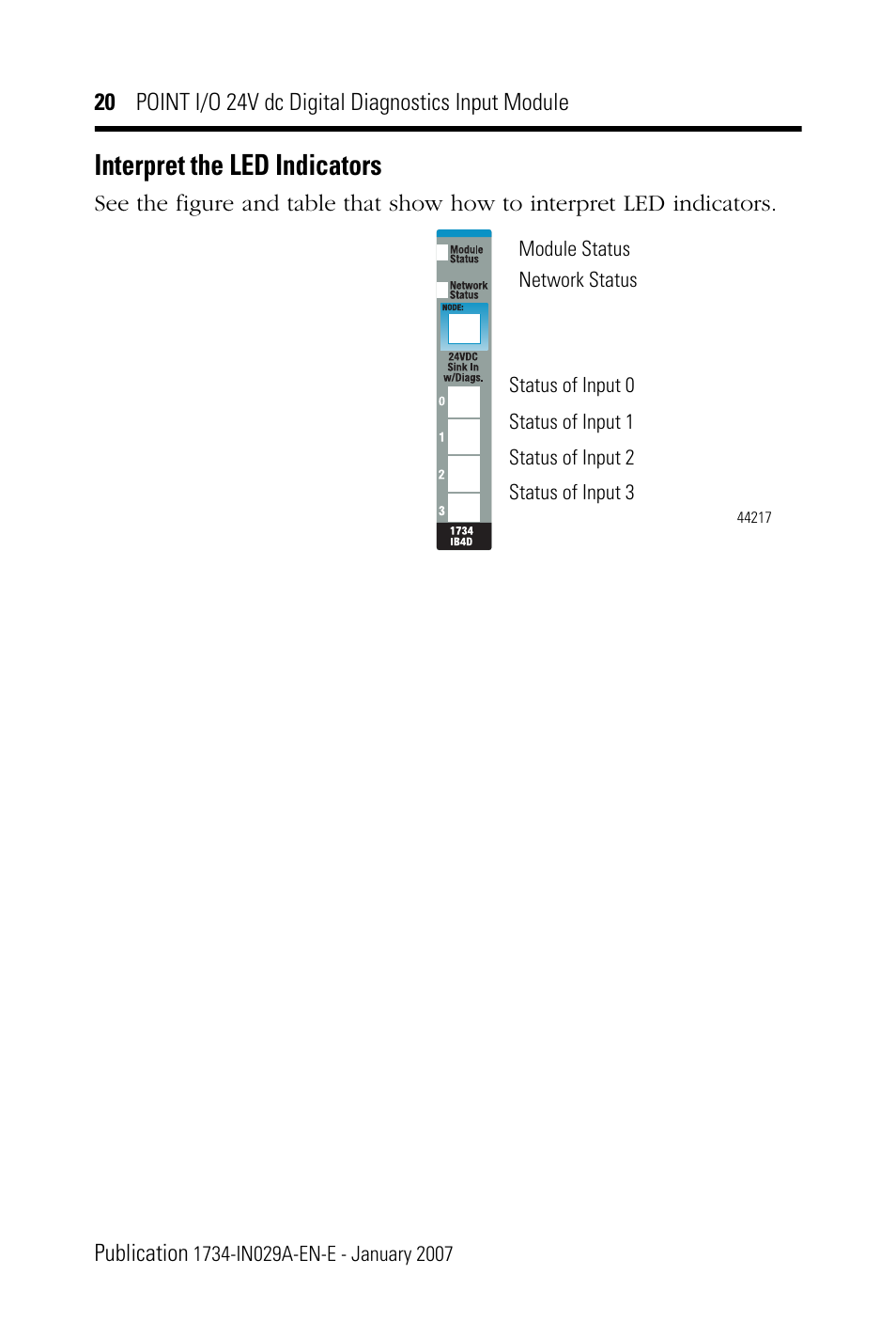 Interpret the led indicators | Rockwell Automation 1734-IB4D POINT I/O 24V dc 4-Channel Discrete Input Module Installation Instructions User Manual | Page 20 / 28