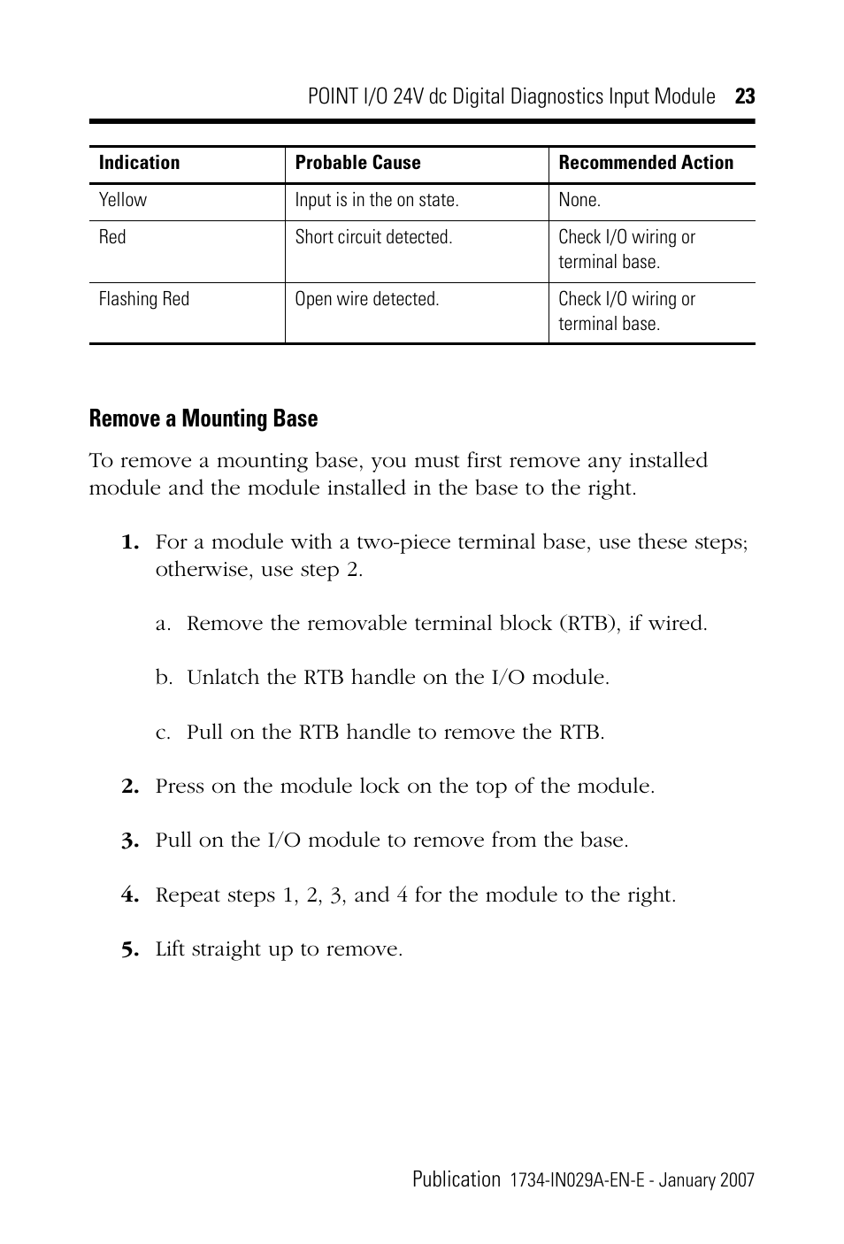 Remove a mounting base | Rockwell Automation 1734-IB4D POINT I/O 24V dc 4-Channel Discrete Input Module Installation Instructions User Manual | Page 23 / 28