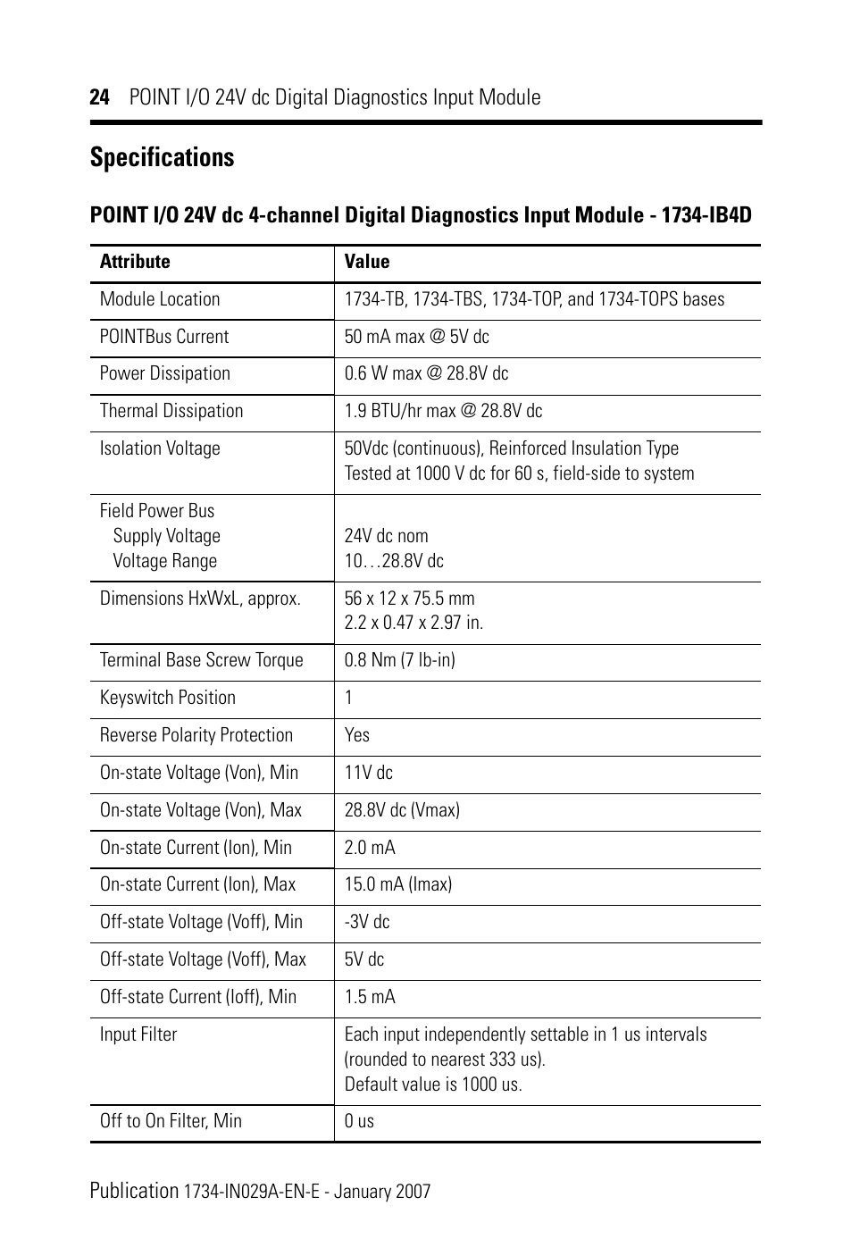 Specifications | Rockwell Automation 1734-IB4D POINT I/O 24V dc 4-Channel Discrete Input Module Installation Instructions User Manual | Page 24 / 28