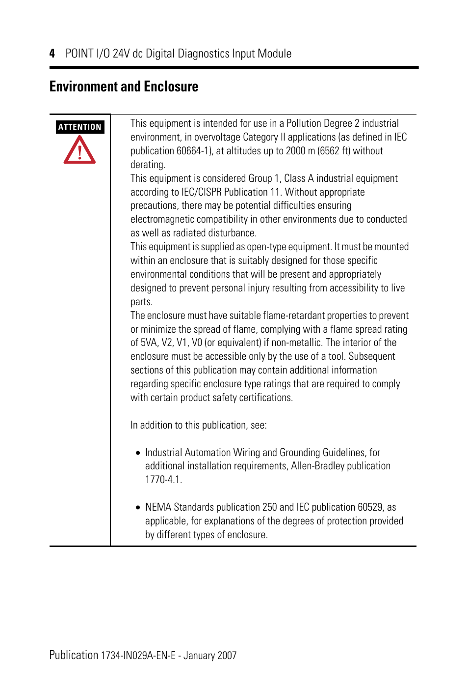 Environment and enclosure | Rockwell Automation 1734-IB4D POINT I/O 24V dc 4-Channel Discrete Input Module Installation Instructions User Manual | Page 4 / 28