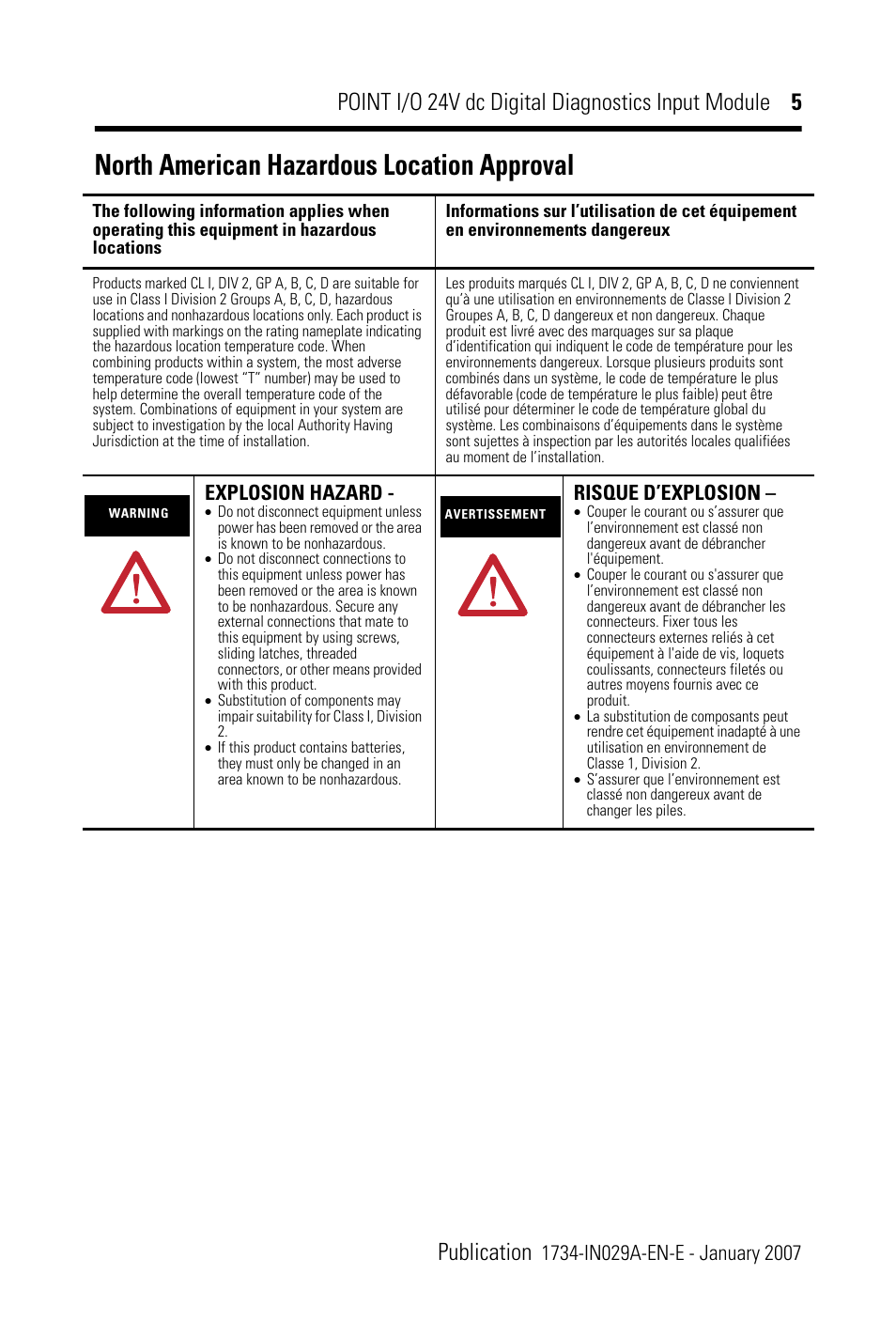 North american hazardous location approval, Explosion hazard, Risque d’explosion | Rockwell Automation 1734-IB4D POINT I/O 24V dc 4-Channel Discrete Input Module Installation Instructions User Manual | Page 5 / 28