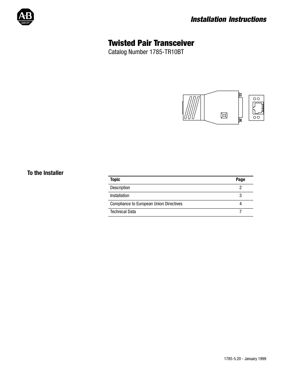 Rockwell Automation 1785-TR10BT Twisted Pair Transceiver Installation Instructions User Manual | 8 pages