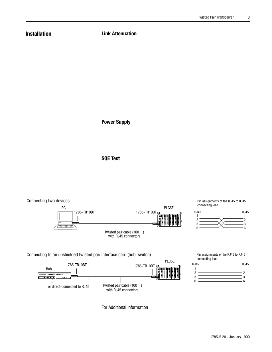 Installation, Link attenuation, Power supply | Sqe test, For additional information | Rockwell Automation 1785-TR10BT Twisted Pair Transceiver Installation Instructions User Manual | Page 3 / 8