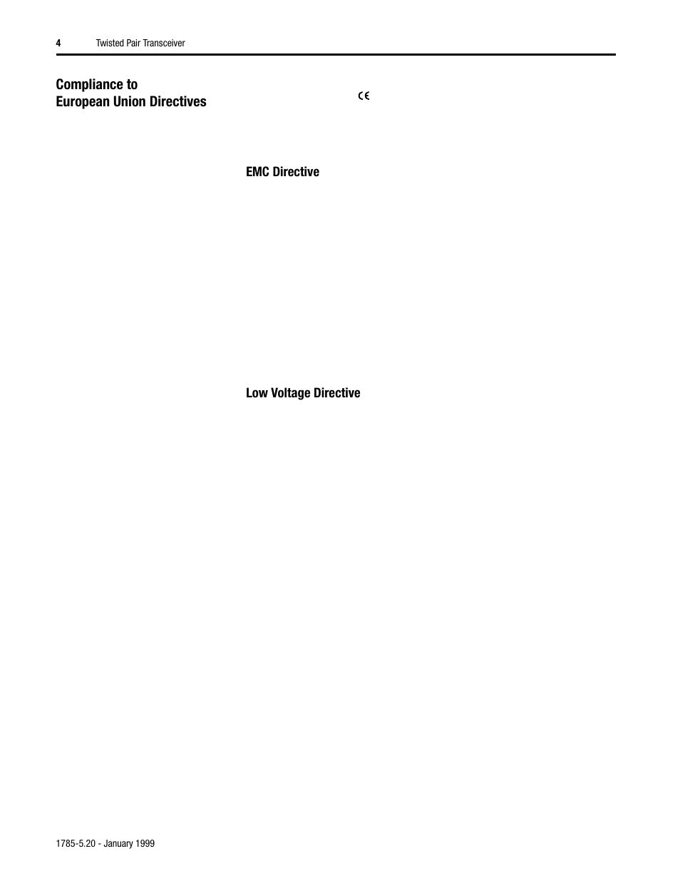 Compliance to european union directives, Emc directive, Low voltage directive | Rockwell Automation 1785-TR10BT Twisted Pair Transceiver Installation Instructions User Manual | Page 4 / 8