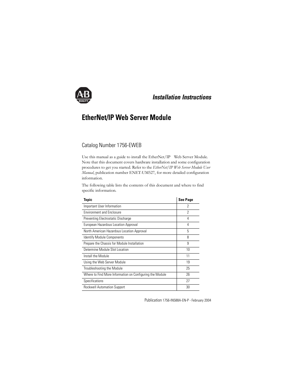 Rockwell Automation 1756-EWEB ControlLogix EtherNet/IP Web Server Module Installation Instructions User Manual | 30 pages