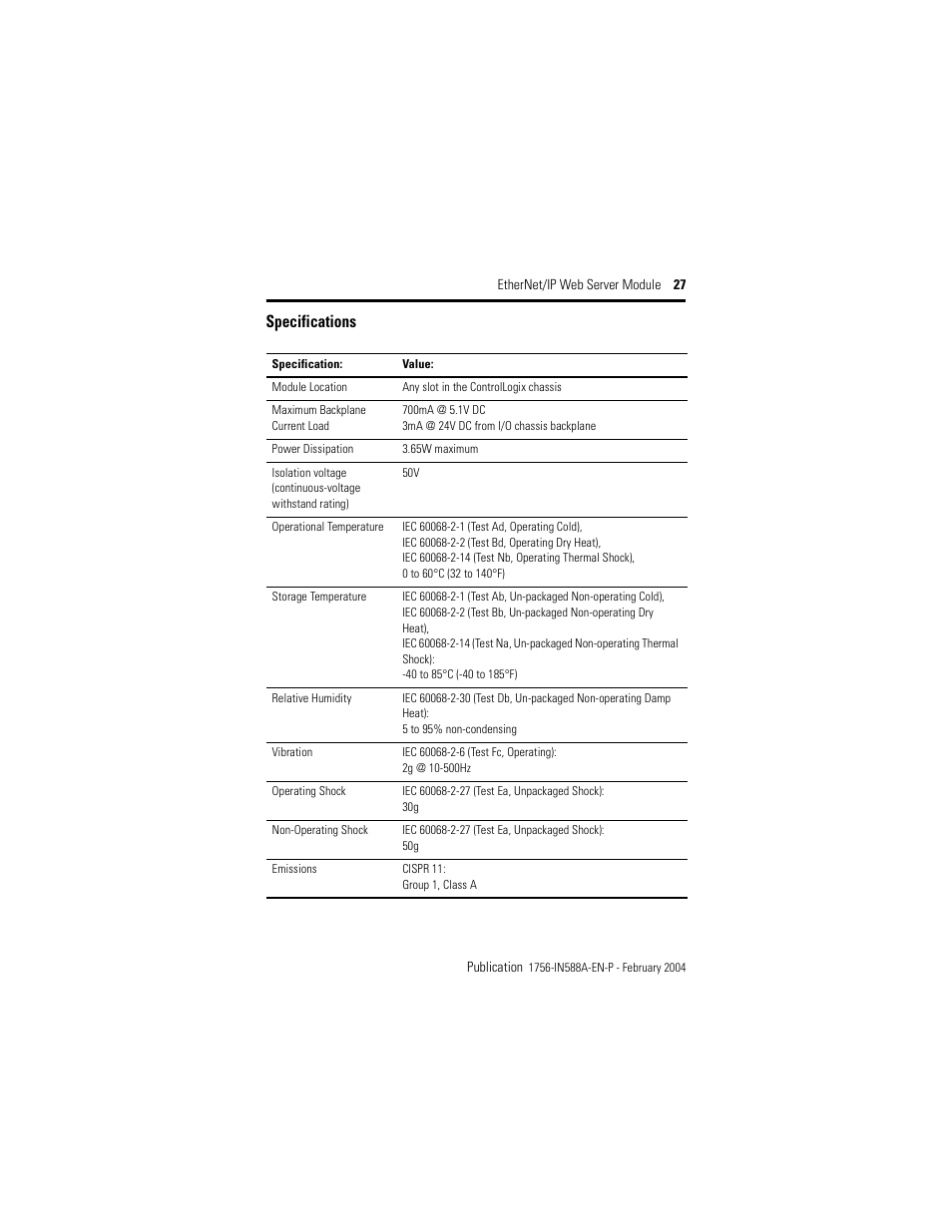 Specifications | Rockwell Automation 1756-EWEB ControlLogix EtherNet/IP Web Server Module Installation Instructions User Manual | Page 27 / 30