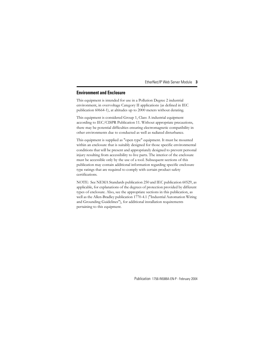Environment and enclosure | Rockwell Automation 1756-EWEB ControlLogix EtherNet/IP Web Server Module Installation Instructions User Manual | Page 3 / 30