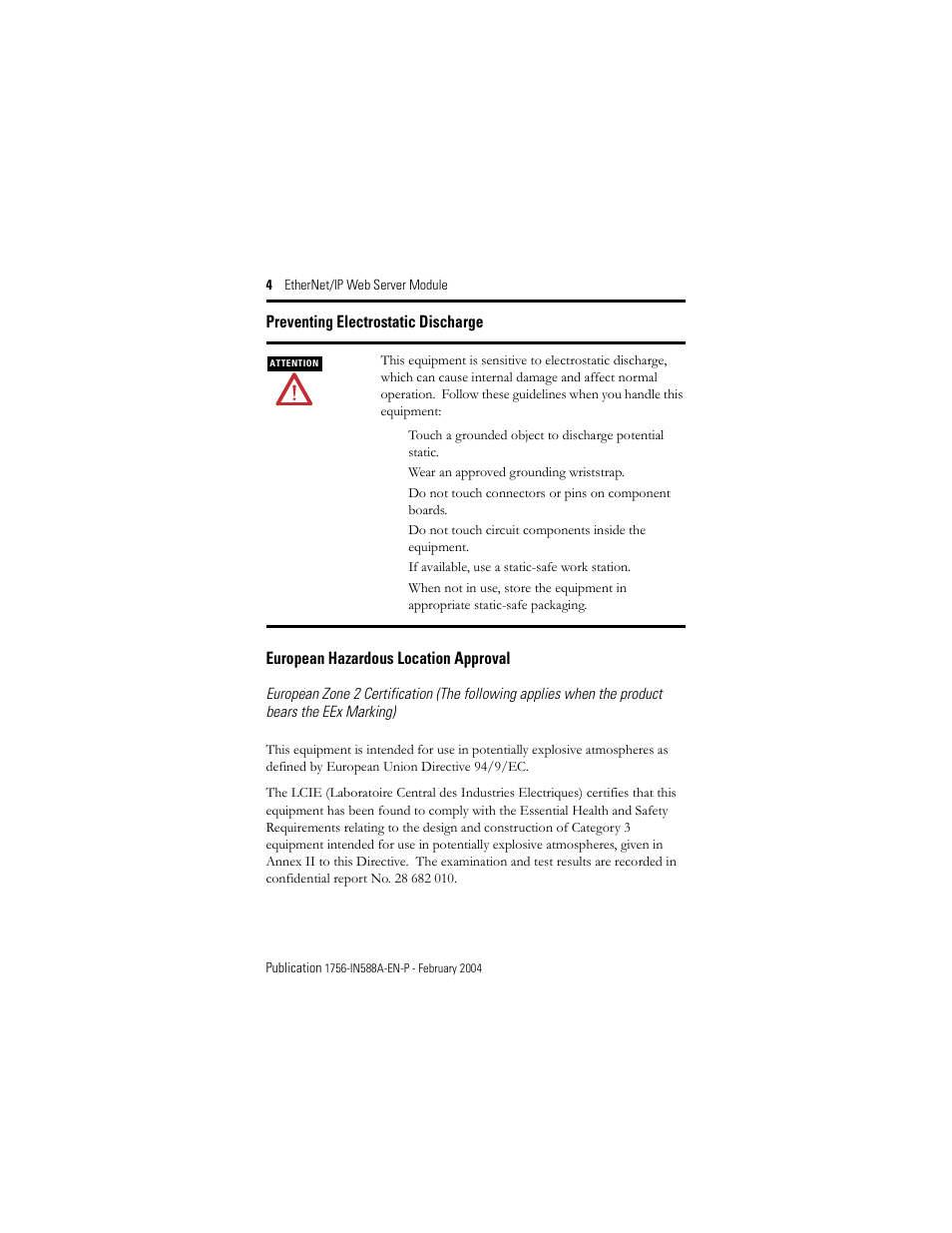 Preventing electrostatic discharge, European hazardous location approval | Rockwell Automation 1756-EWEB ControlLogix EtherNet/IP Web Server Module Installation Instructions User Manual | Page 4 / 30