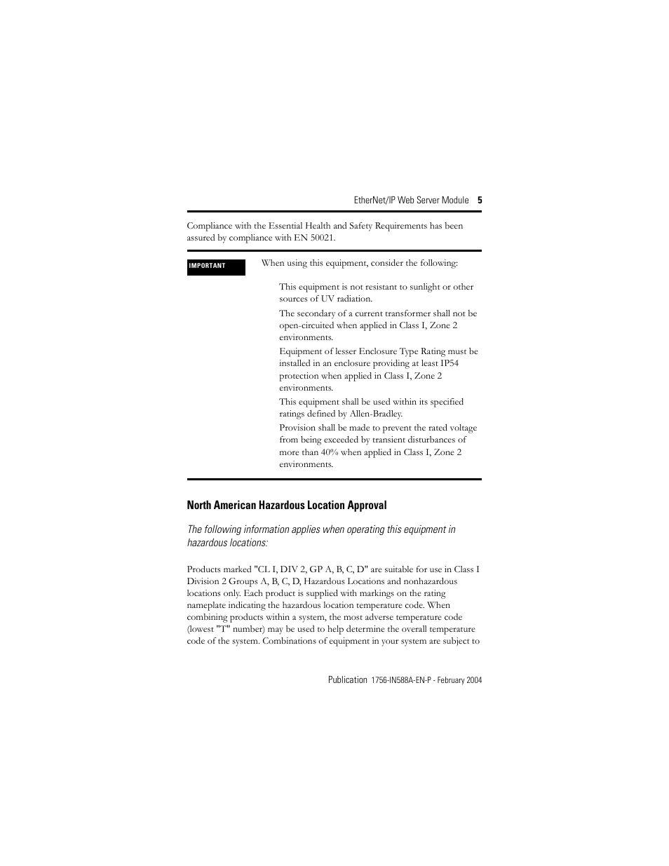 North american hazardous location approval | Rockwell Automation 1756-EWEB ControlLogix EtherNet/IP Web Server Module Installation Instructions User Manual | Page 5 / 30