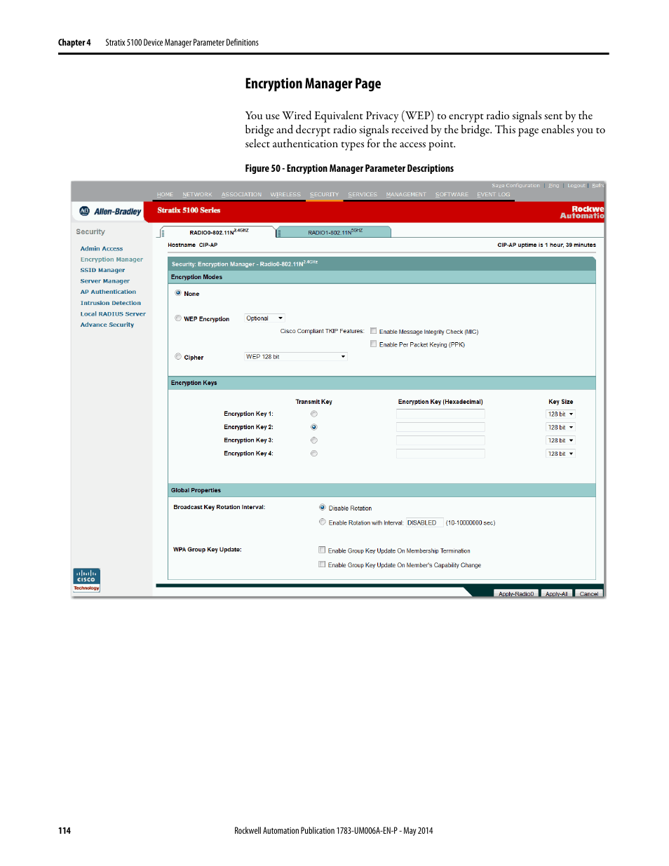 Encryption manager page | Rockwell Automation 1783-WAPxxx Stratix 5100 Wireless Access Point User Manual User Manual | Page 114 / 612