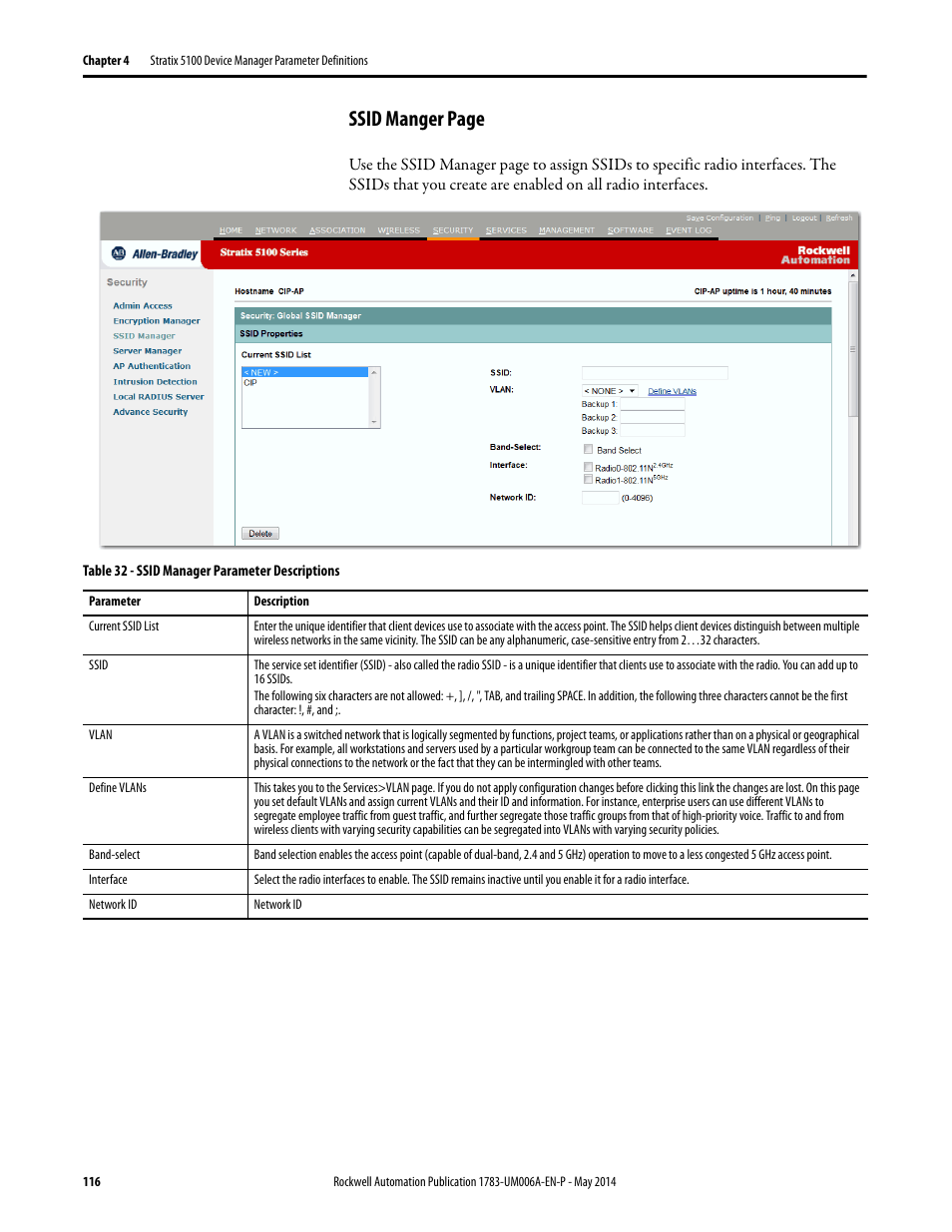 Ssid manger page | Rockwell Automation 1783-WAPxxx Stratix 5100 Wireless Access Point User Manual User Manual | Page 116 / 612