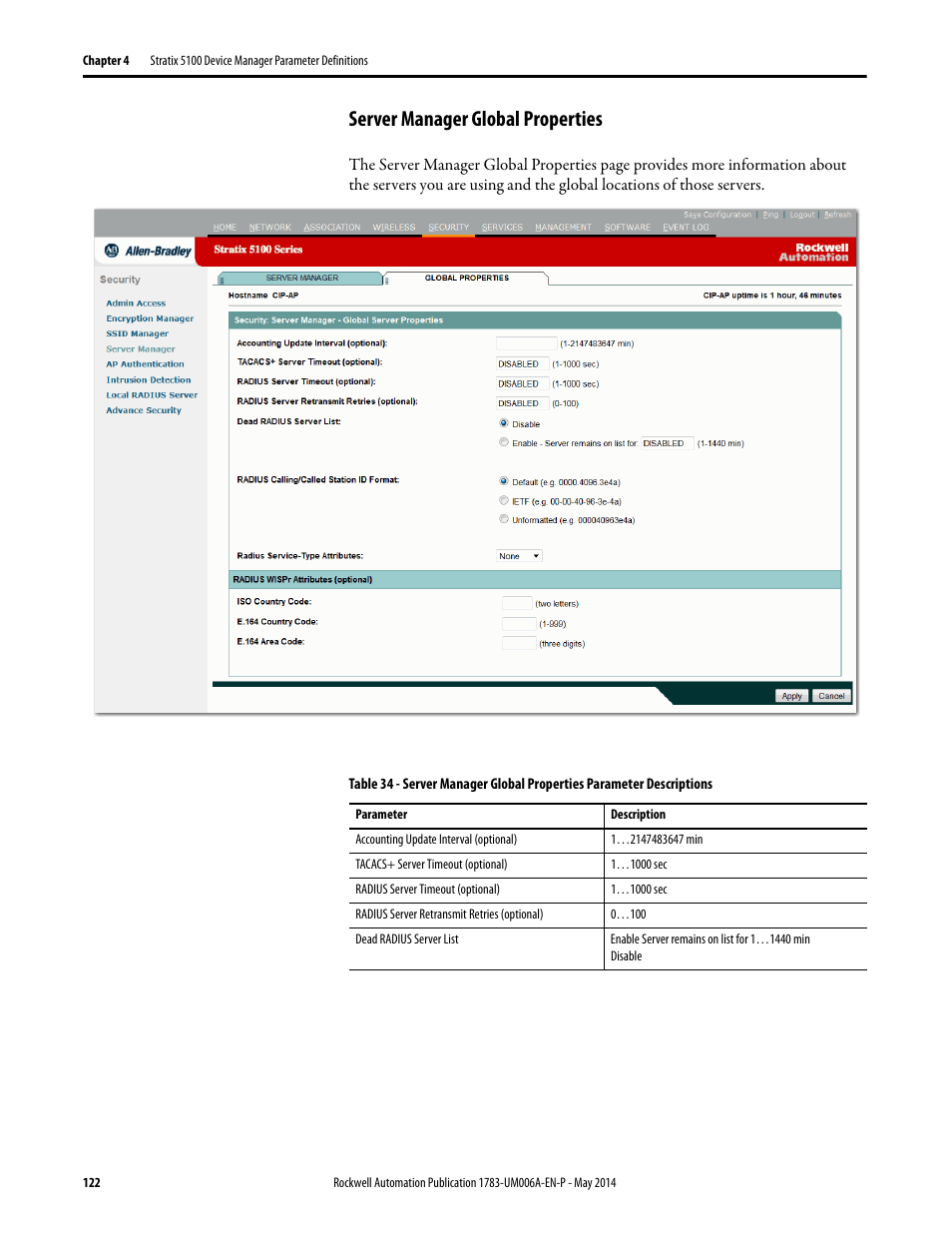 Server manager global properties | Rockwell Automation 1783-WAPxxx Stratix 5100 Wireless Access Point User Manual User Manual | Page 122 / 612