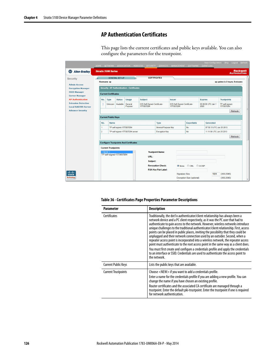 Ap authentication certificates | Rockwell Automation 1783-WAPxxx Stratix 5100 Wireless Access Point User Manual User Manual | Page 126 / 612