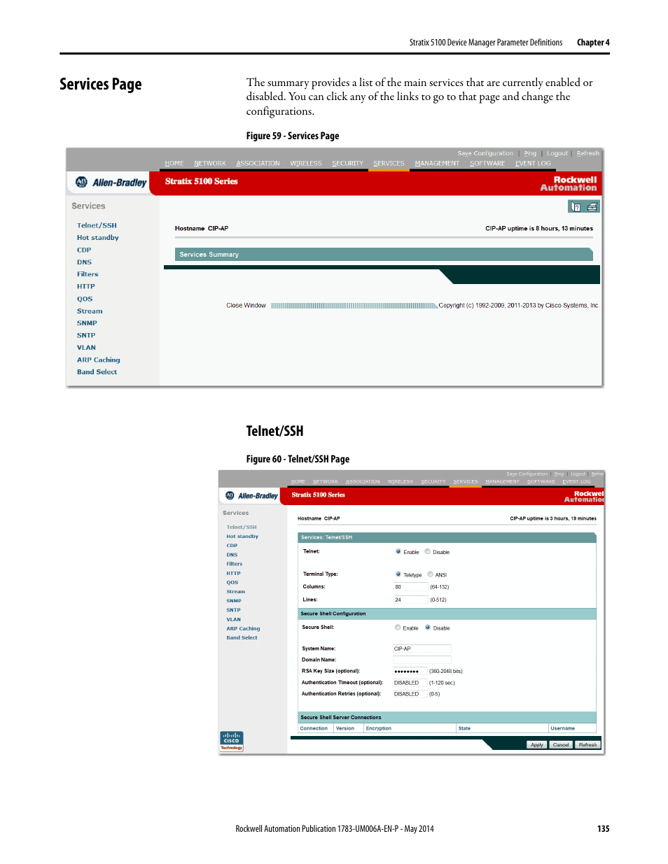 Telnet/ssh, Services page | Rockwell Automation 1783-WAPxxx Stratix 5100 Wireless Access Point User Manual User Manual | Page 135 / 612