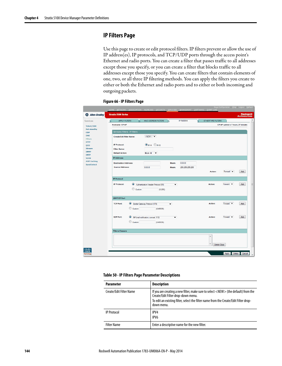 Ip filters page | Rockwell Automation 1783-WAPxxx Stratix 5100 Wireless Access Point User Manual User Manual | Page 144 / 612