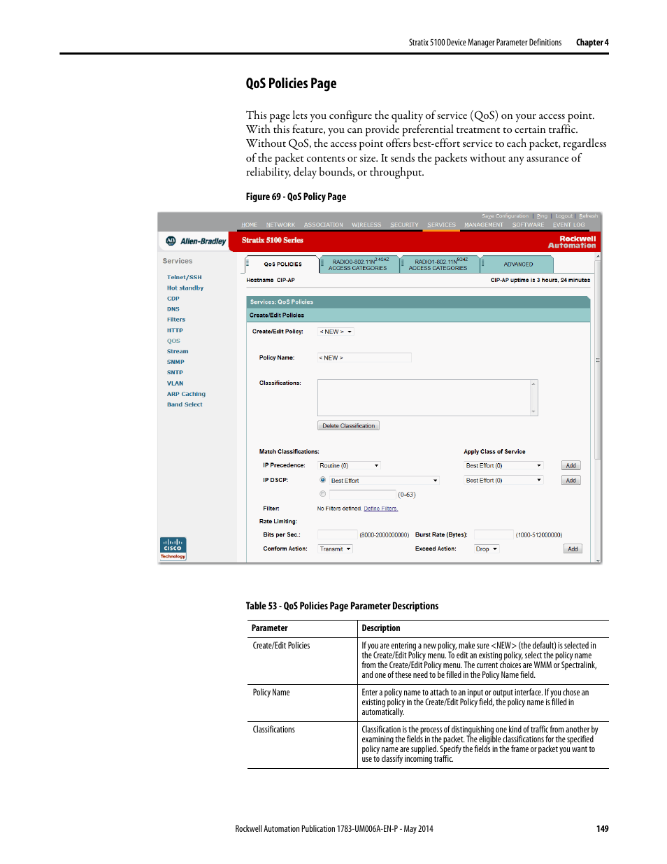 Qos policies page | Rockwell Automation 1783-WAPxxx Stratix 5100 Wireless Access Point User Manual User Manual | Page 149 / 612
