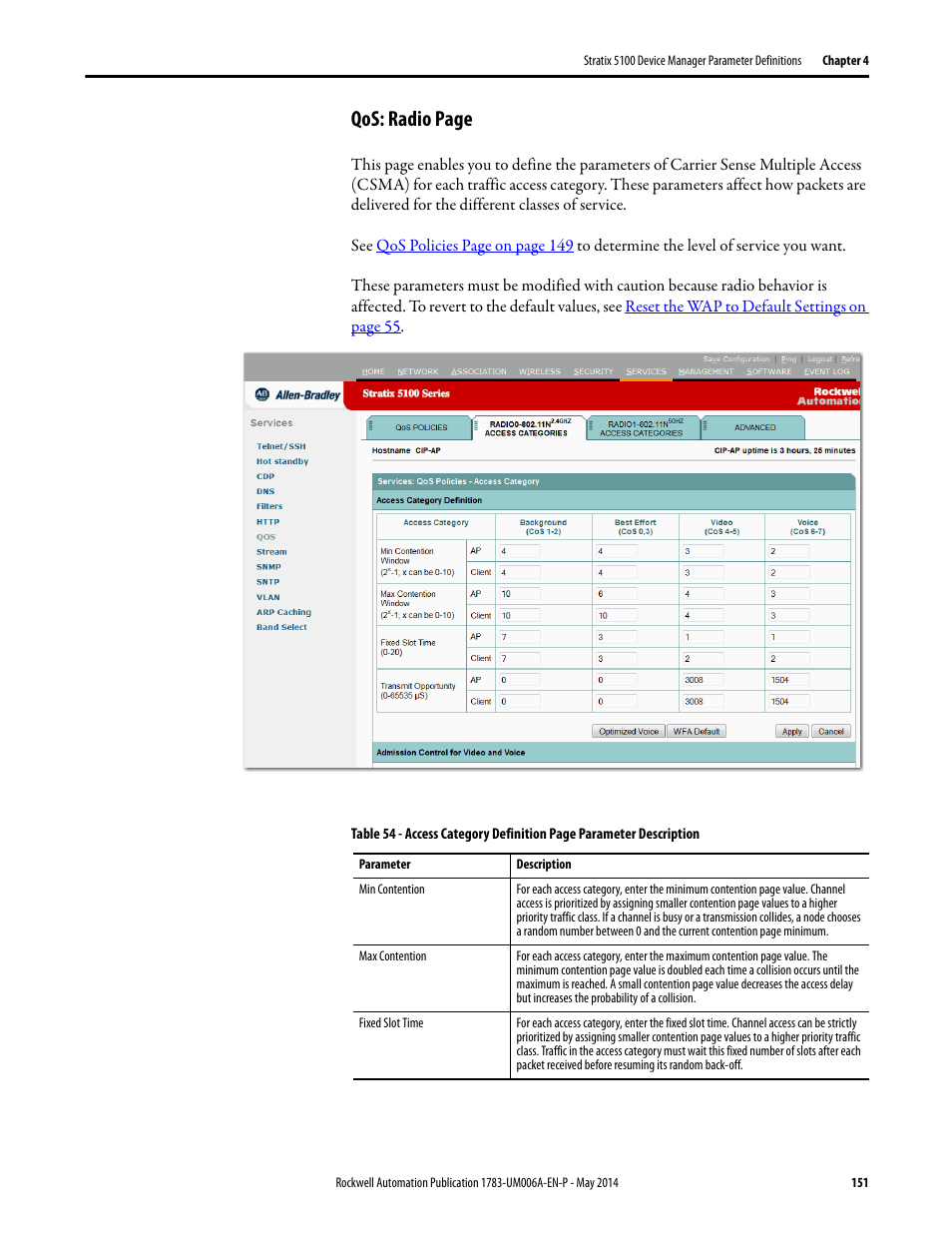 Qos: radio page | Rockwell Automation 1783-WAPxxx Stratix 5100 Wireless Access Point User Manual User Manual | Page 151 / 612