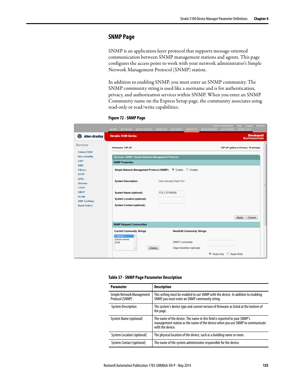 Snmp page | Rockwell Automation 1783-WAPxxx Stratix 5100 Wireless Access Point User Manual User Manual | Page 155 / 612