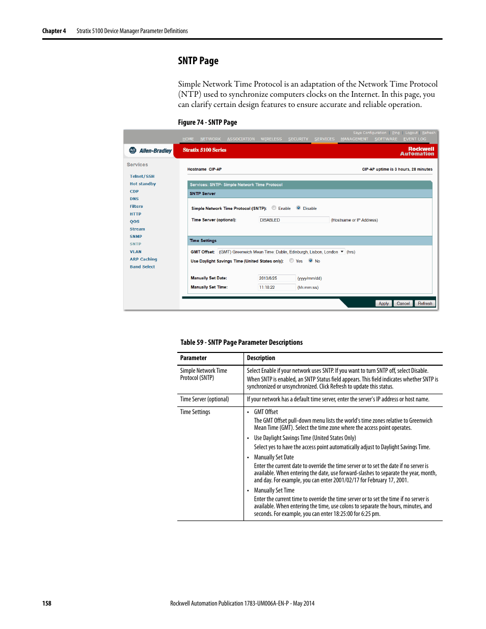 Sntp page | Rockwell Automation 1783-WAPxxx Stratix 5100 Wireless Access Point User Manual User Manual | Page 158 / 612