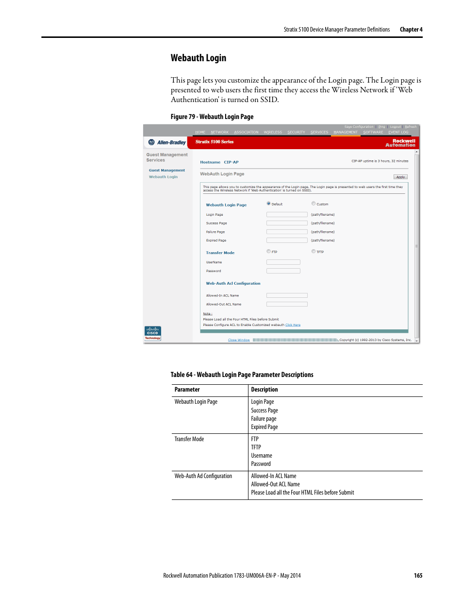 Webauth login | Rockwell Automation 1783-WAPxxx Stratix 5100 Wireless Access Point User Manual User Manual | Page 165 / 612
