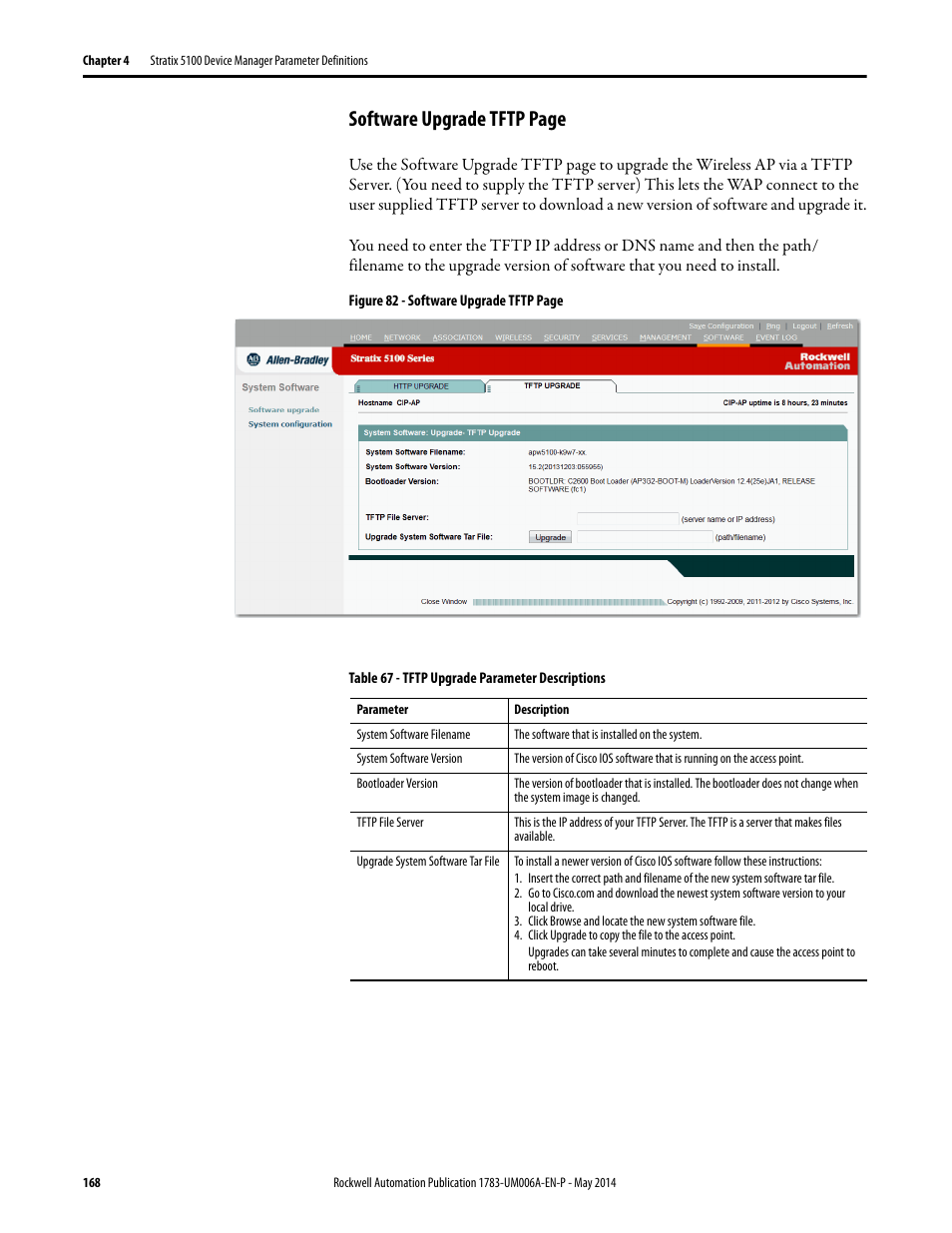 Software upgrade tftp page | Rockwell Automation 1783-WAPxxx Stratix 5100 Wireless Access Point User Manual User Manual | Page 168 / 612