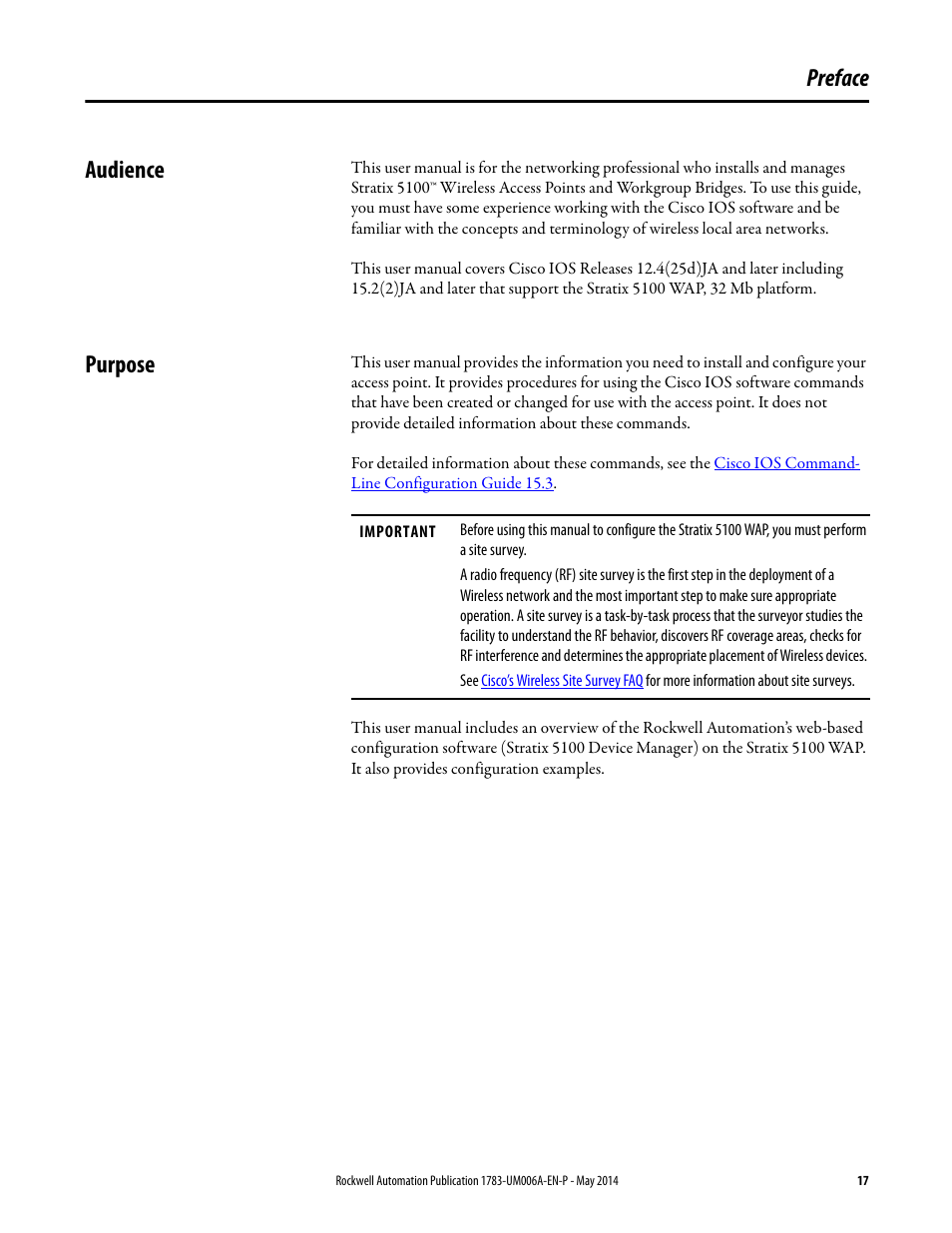 Preface, Audience, Purpose | Audience purpose, Preface audience | Rockwell Automation 1783-WAPxxx Stratix 5100 Wireless Access Point User Manual User Manual | Page 17 / 612