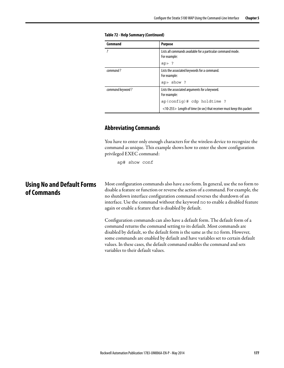 Abbreviating commands, Using no and default forms of commands | Rockwell Automation 1783-WAPxxx Stratix 5100 Wireless Access Point User Manual User Manual | Page 177 / 612