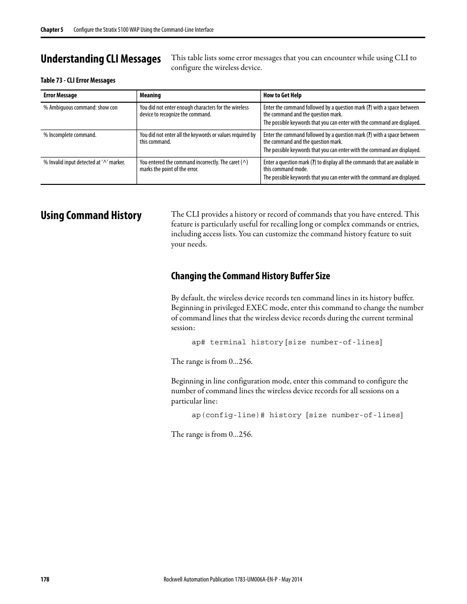 Understanding cli messages, Using command history, Changing the command history buffer size | Understanding cli messages using command history | Rockwell Automation 1783-WAPxxx Stratix 5100 Wireless Access Point User Manual User Manual | Page 178 / 612