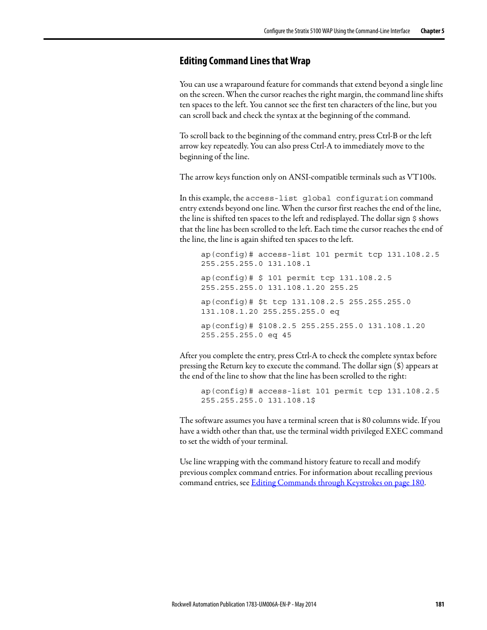 Editing command lines that wrap | Rockwell Automation 1783-WAPxxx Stratix 5100 Wireless Access Point User Manual User Manual | Page 181 / 612