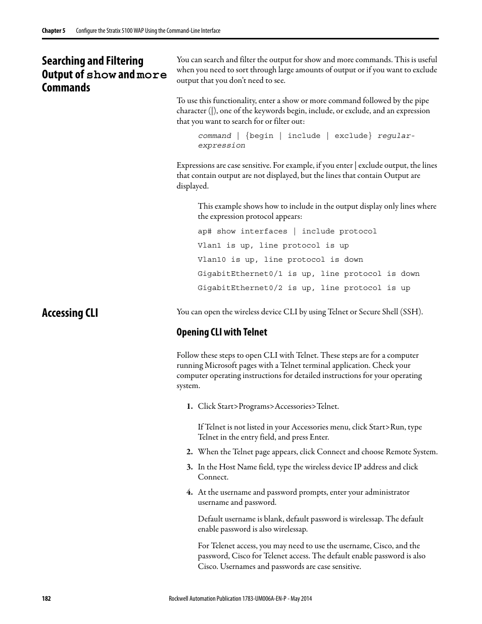 Accessing cli, Opening cli with telnet | Rockwell Automation 1783-WAPxxx Stratix 5100 Wireless Access Point User Manual User Manual | Page 182 / 612