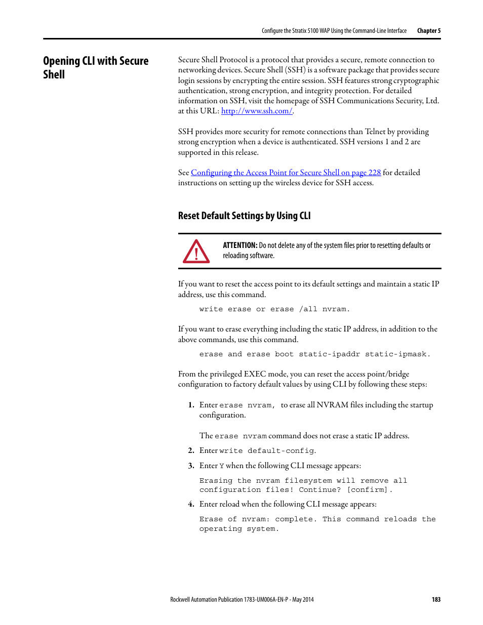 Opening cli with secure shell, Reset default settings by using cli, Reset default | Rockwell Automation 1783-WAPxxx Stratix 5100 Wireless Access Point User Manual User Manual | Page 183 / 612