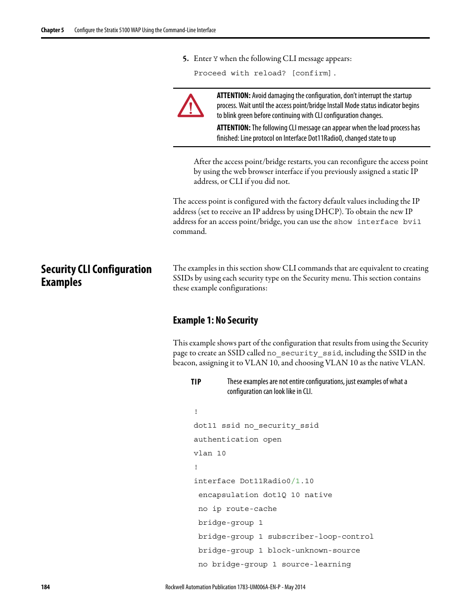 Security cli configuration examples, Example 1: no security, Security cli | Rockwell Automation 1783-WAPxxx Stratix 5100 Wireless Access Point User Manual User Manual | Page 184 / 612